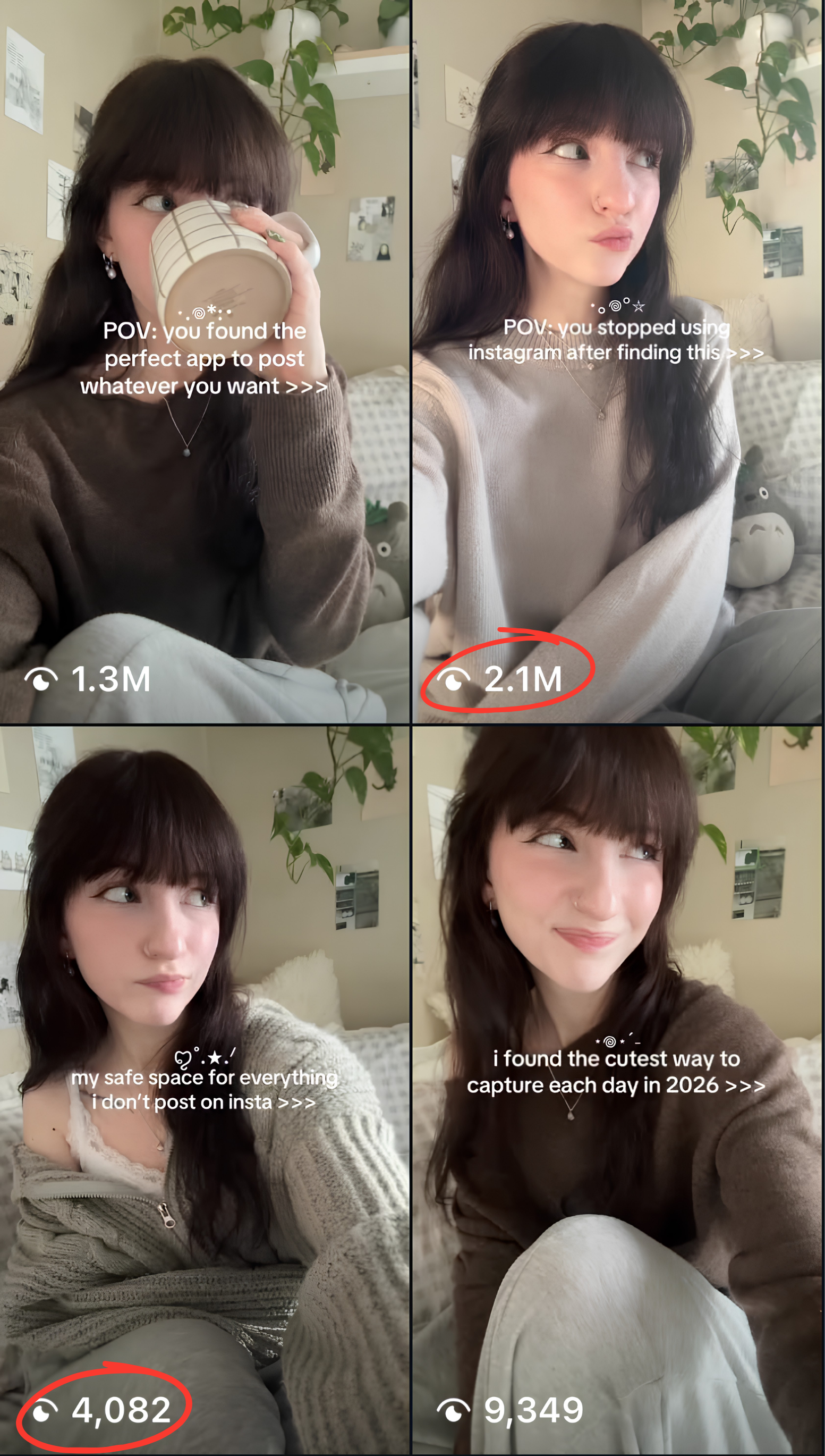 Four videos from the same hook format, ranging from thousands to millions of views